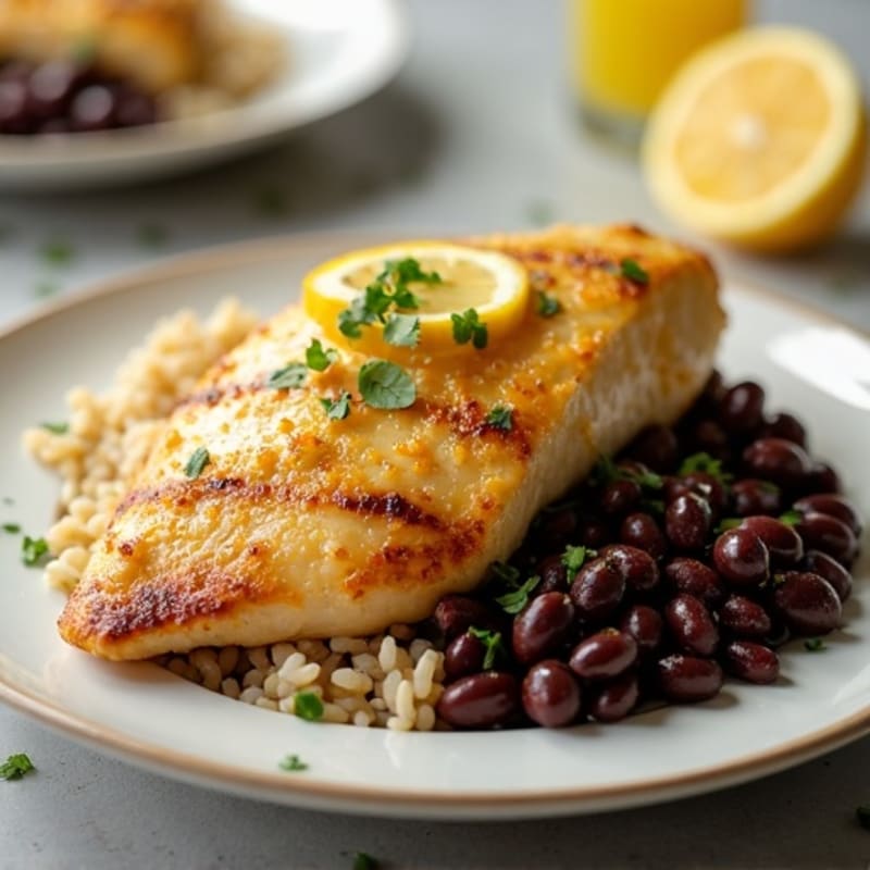 Lemon Garlic Pan-Seared Chicken with Fluffy Brown Rice and Black Beans