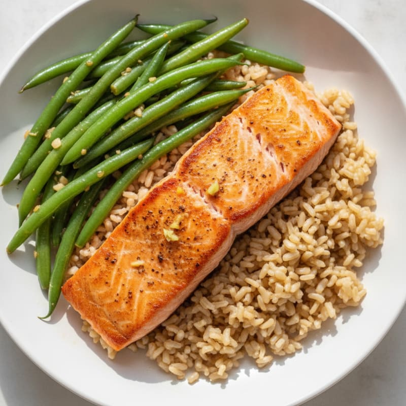 Seared Salmon with Garlic Green Beans and Brown Rice
