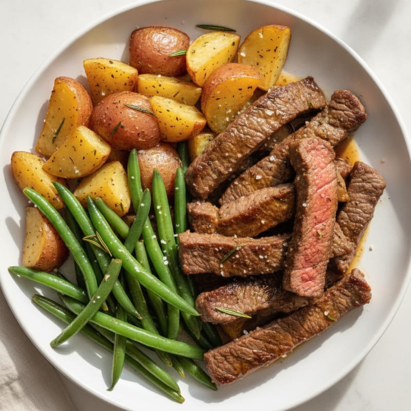 Seared Beef Strips with Herb-Roasted Potatoes and Green Beans