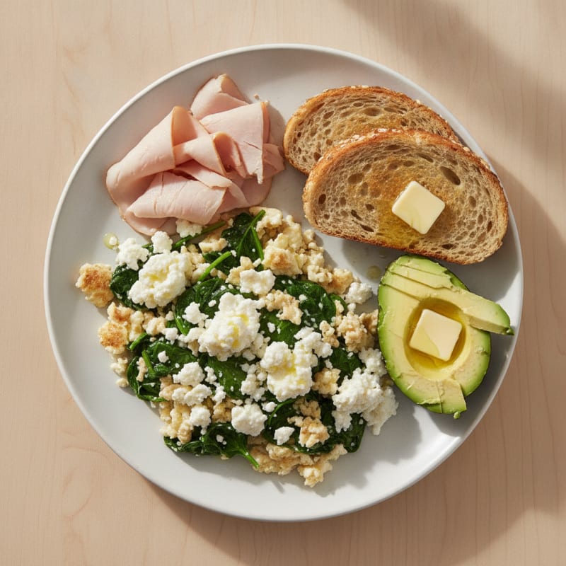 Egg White Spinach Scramble with Cottage Cheese and Sliced Turkey