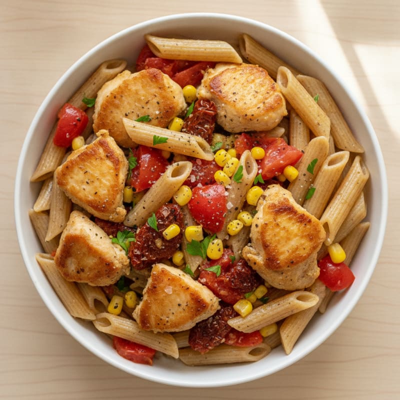 Chicken Thigh Penne with Tomatoes and Corn