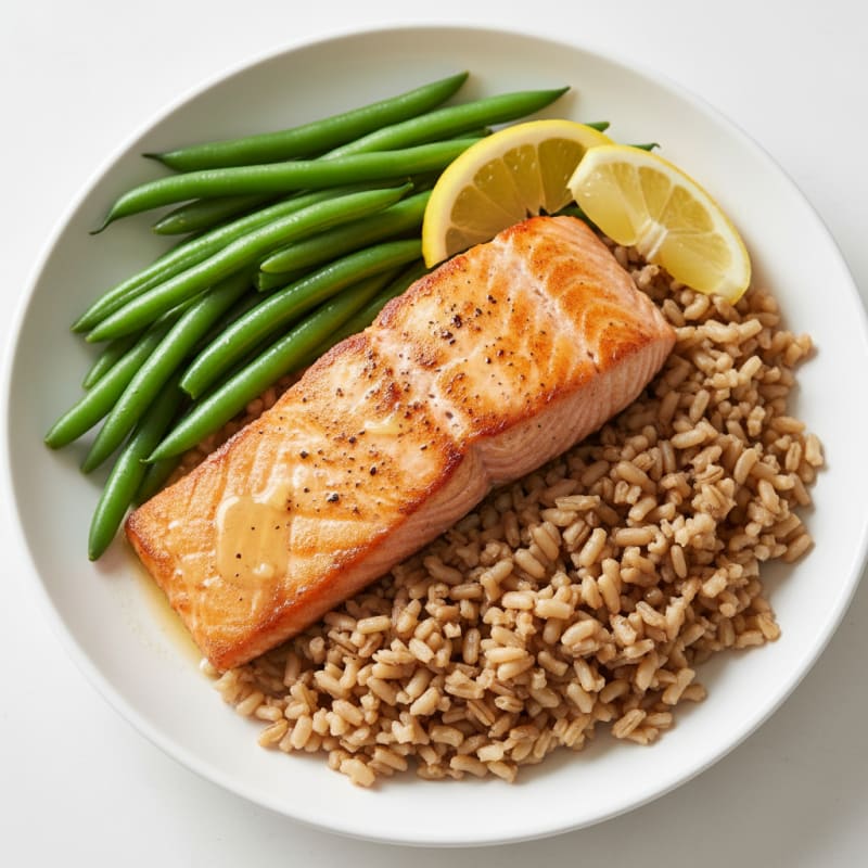 Seared Salmon Fillet with Steamed Green Beans and Brown Rice