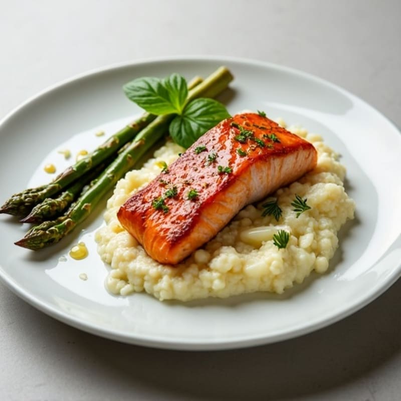Seared Salmon with Roasted Asparagus and Cauliflower Mash