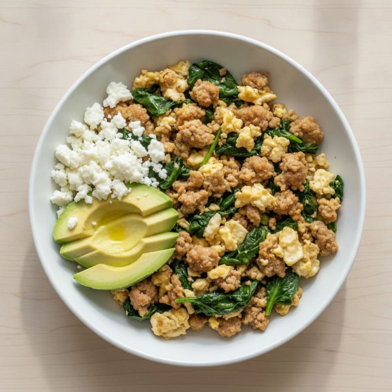Egg White and Turkey Sausage Scramble with Spinach and Feta