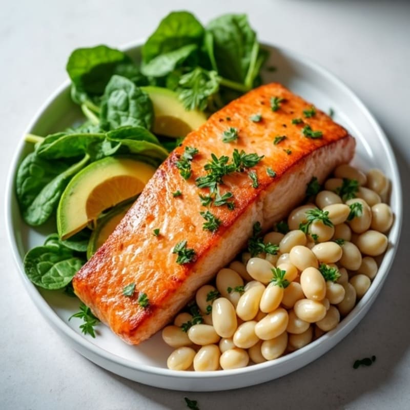Seared Salmon Fillet with Creamy White Bean Spinach Sauté