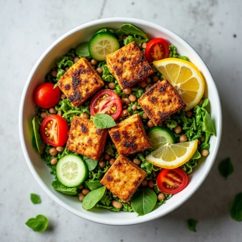 Crispy Tofu and Lentil Power Salad with Lemon Tahini Dressing