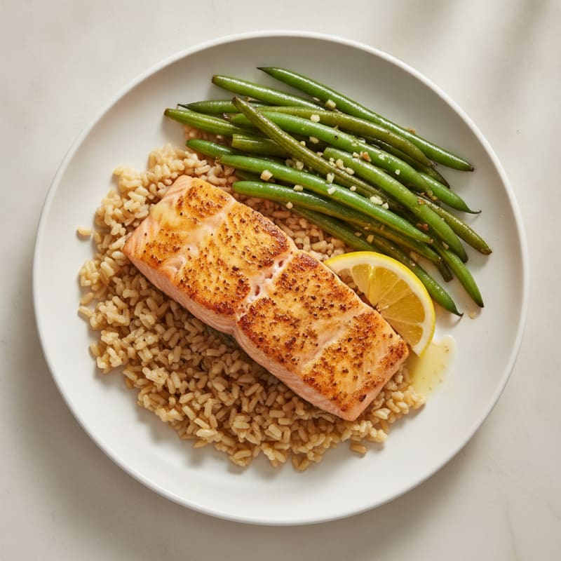 Seared Salmon Fillet with Garlic Green Beans and Brown Rice