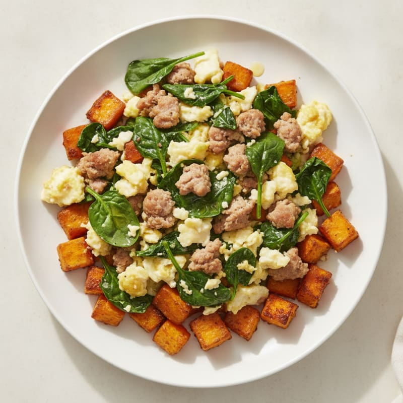 Egg White and Turkey Sausage Scramble with Spinach and Roasted Sweet Potato