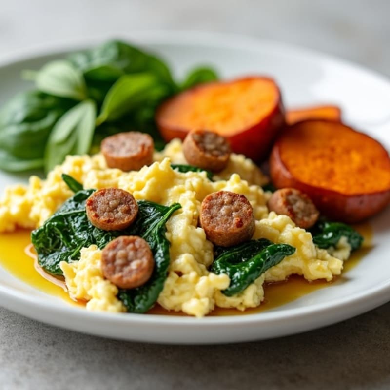 Egg White and Turkey Sausage Scramble with Spinach and Roasted Sweet Potato