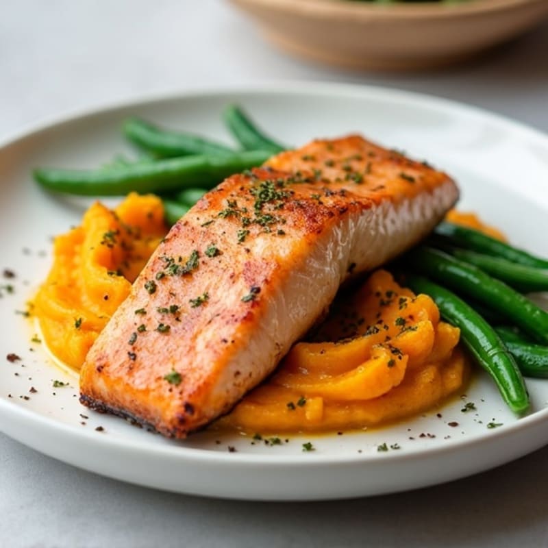 Seared Salmon with Garlic Green Beans and Sweet Potato Mash
