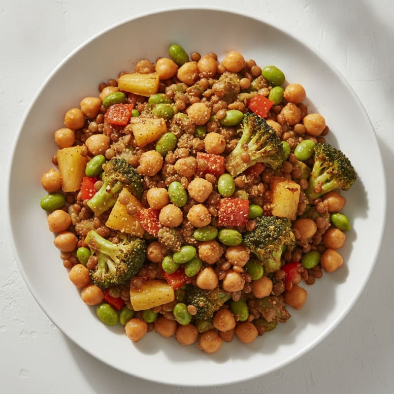 Lentil and Chickpea Stir-Fry with Broccoli and Bell Peppers
