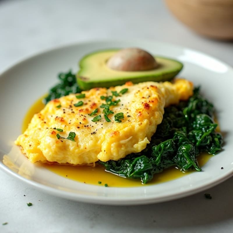 Scrambled Eggs with Cottage Cheese, Sautéed Spinach, and Avocado