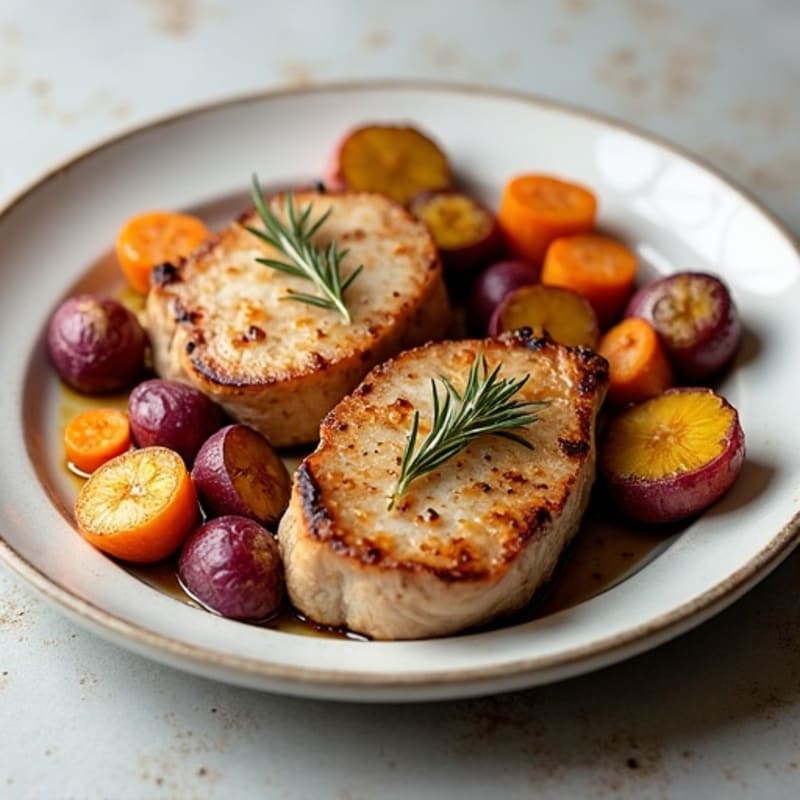 Pan-Seared Boneless Pork Steaks with Roasted Root Vegetables