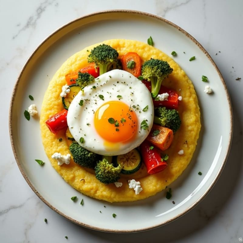 Creamy Polenta with Herb-Roasted Vegetables and Molten Poached Egg