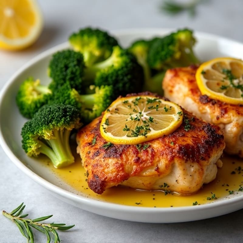 Crispy Lemon Herb Roasted Chicken Thighs with Roasted Broccoli