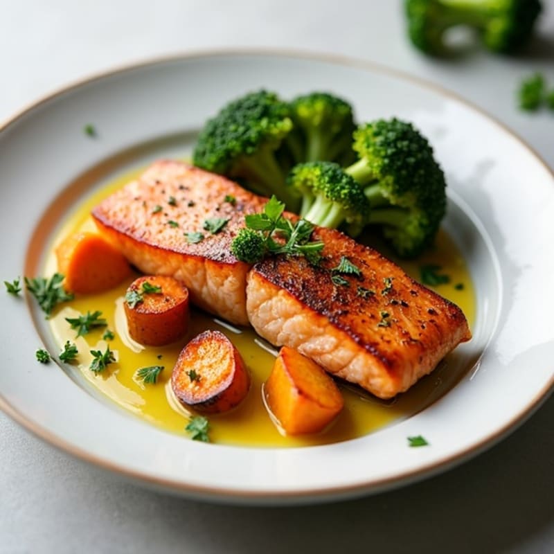Seared Salmon with Roasted Sweet Potatoes and Broccoli