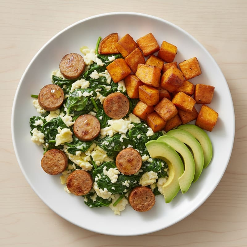 Egg White Spinach Scramble with Turkey Sausage