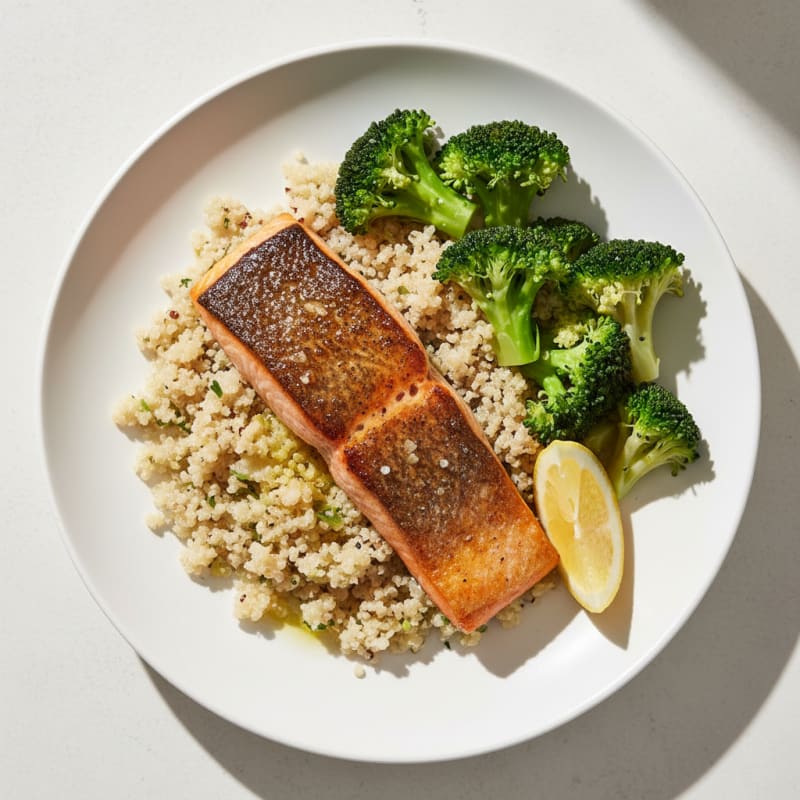 Seared Salmon with Steamed Broccoli and Quinoa