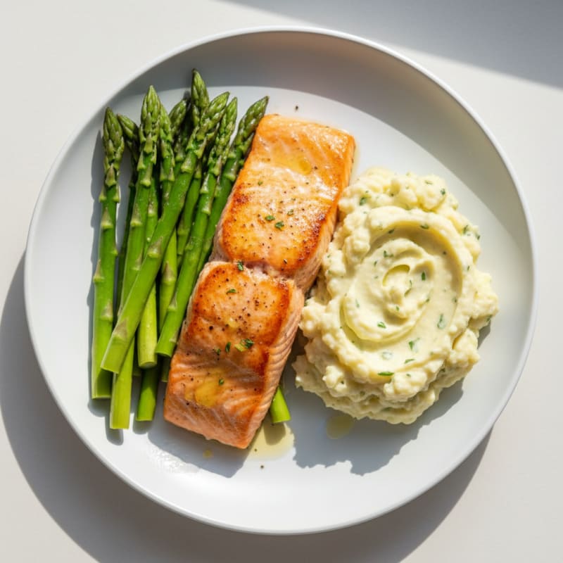 Seared Salmon with Steamed Asparagus and Garlic Mashed Cauliflower