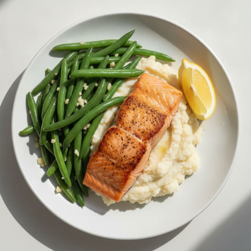 Seared Salmon with Garlic Green Beans and Cauliflower Mash