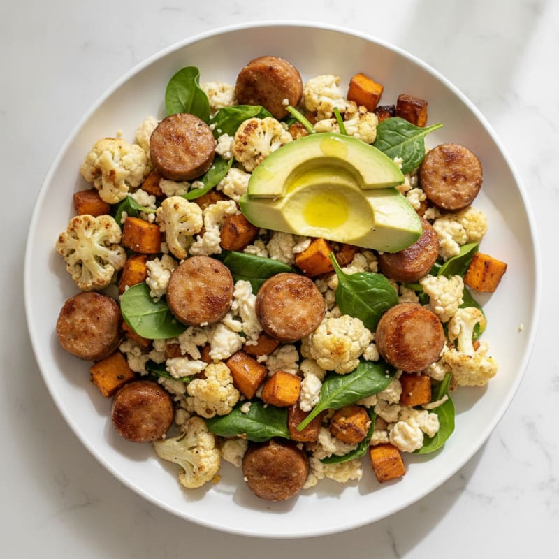 Crispy Chicken Sausage Egg White Scramble with Roasted Cauliflower