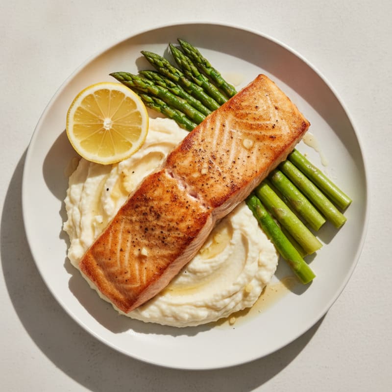 Seared Salmon with Steamed Asparagus and Garlic Cauliflower Mash