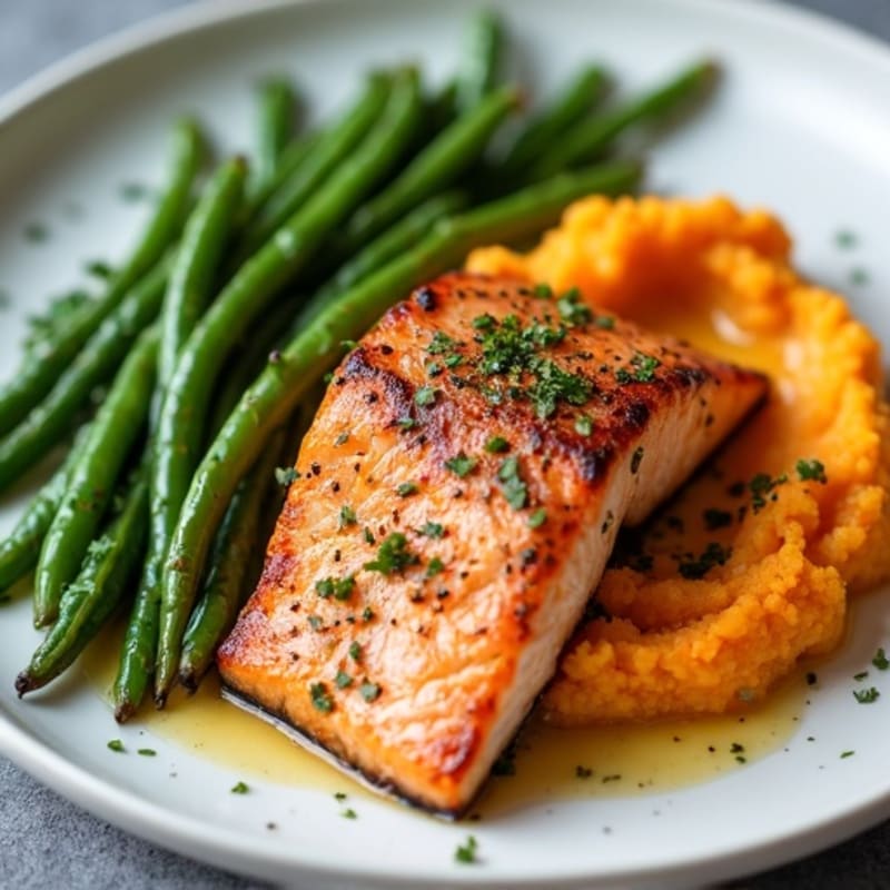 Seared Salmon with Garlic Green Beans and Sweet Potato Mash
