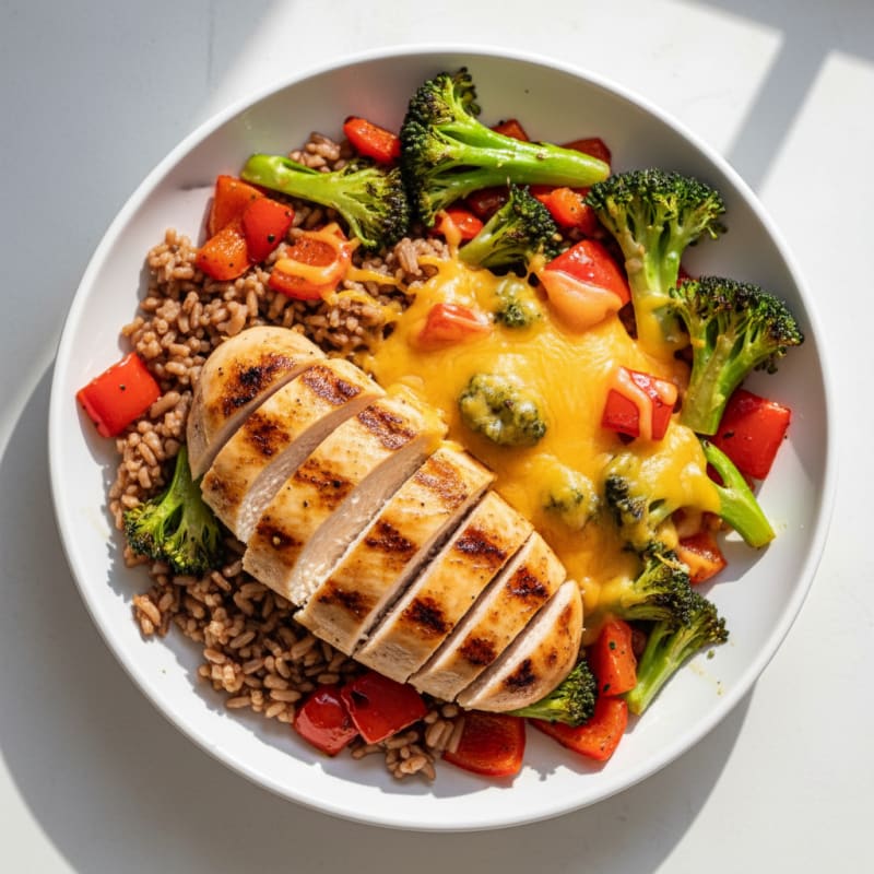 Grilled Chicken and Brown Rice Bowl with Roasted Vegetables and Cheddar