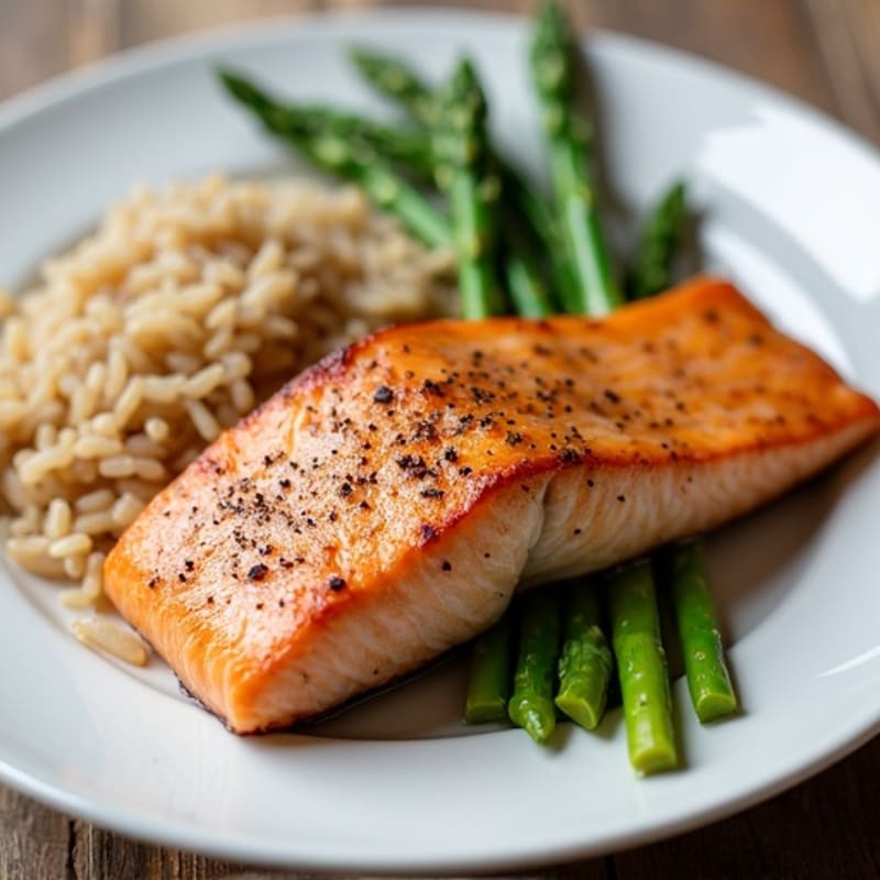 Seared Salmon Fillet with Steamed Asparagus and Brown Rice