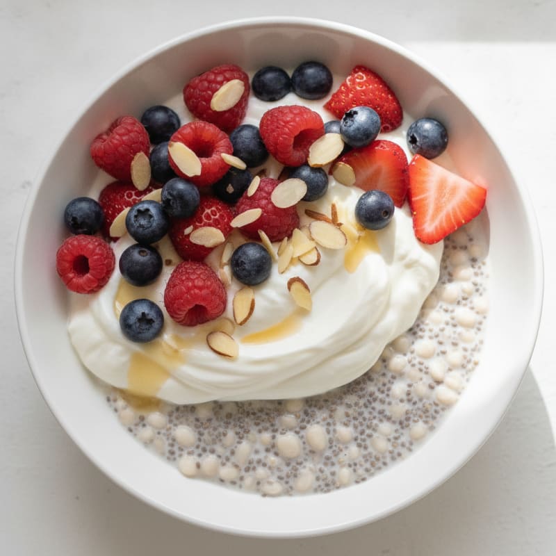Creamy Vanilla Chia Seed Pudding with Greek Yogurt and Mixed Berries
