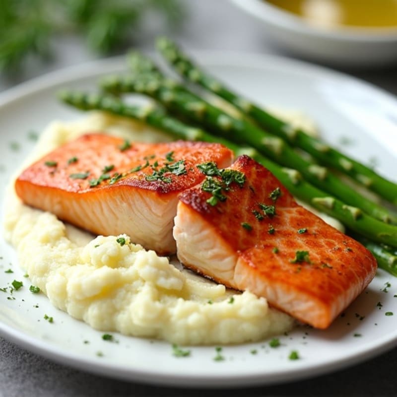 Seared Salmon with Steamed Asparagus and Cauliflower Mash
