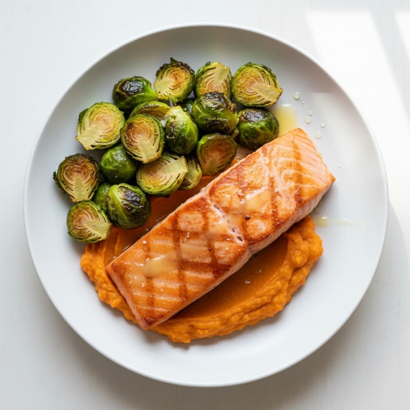 Seared Salmon Filet with Roasted Brussels Sprouts and Sweet Potato Mash