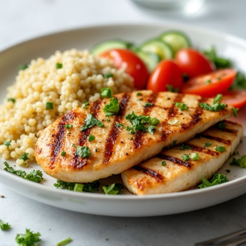 Grilled Chicken Breast with Fresh Tomato Cucumber Salad and Quinoa