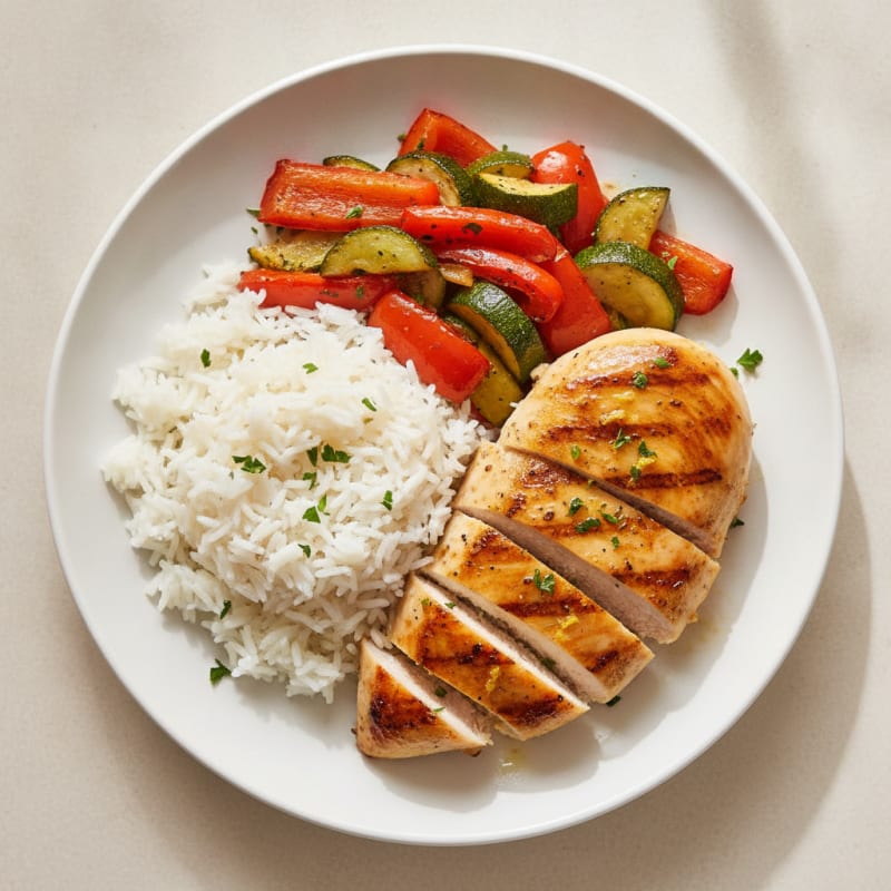Grilled Chicken Breast with Roasted Vegetables and Jasmine Rice