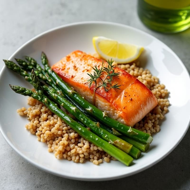 Seared Salmon Fillet with Herb-Roasted Asparagus and Brown Rice