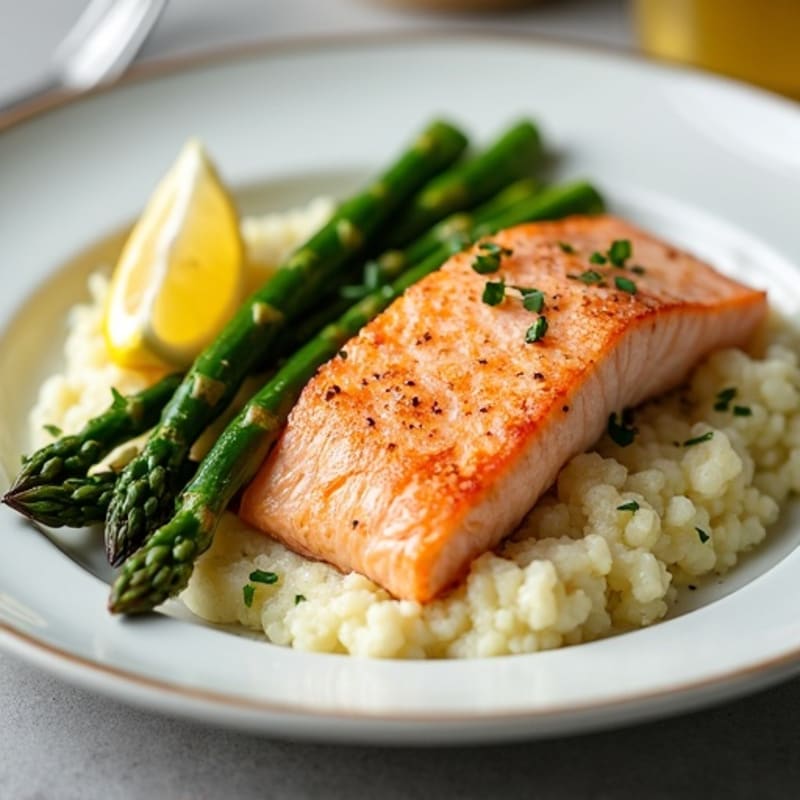 Seared Salmon with Steamed Asparagus and Cauliflower Mash
