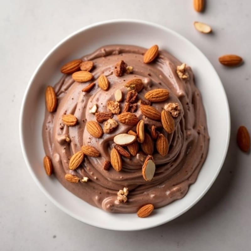 Creamy Dark Chocolate Protein Mousse with Vanilla Bean Swirl and Crunchy Almond Topping