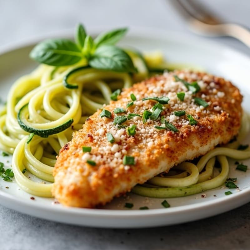 Baked Crispy Chicken with Creamy Garlic Zucchini Spaghetti