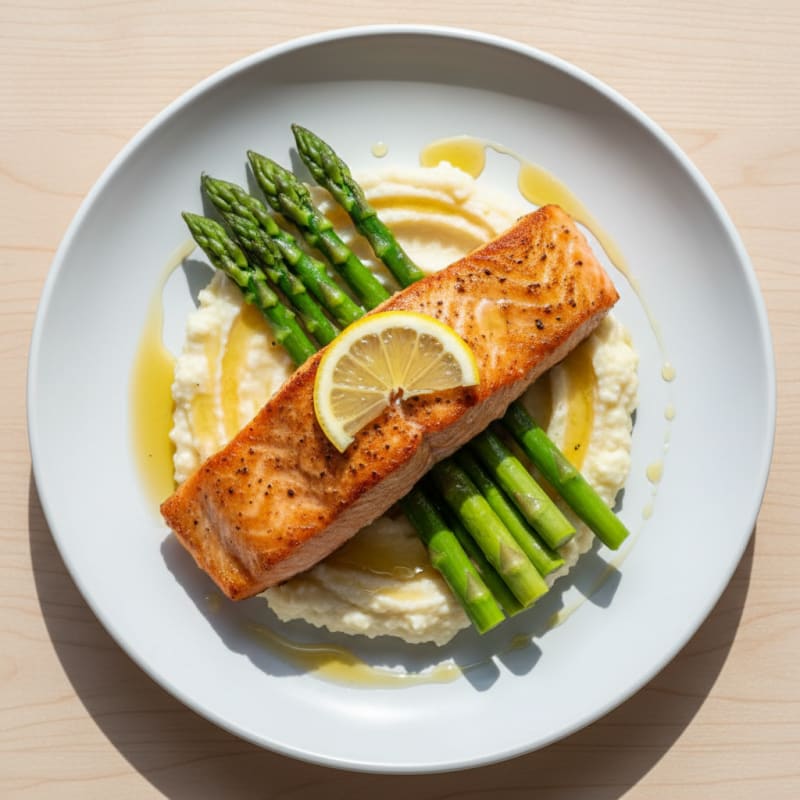 Seared Salmon with Steamed Asparagus and Cauliflower Mash