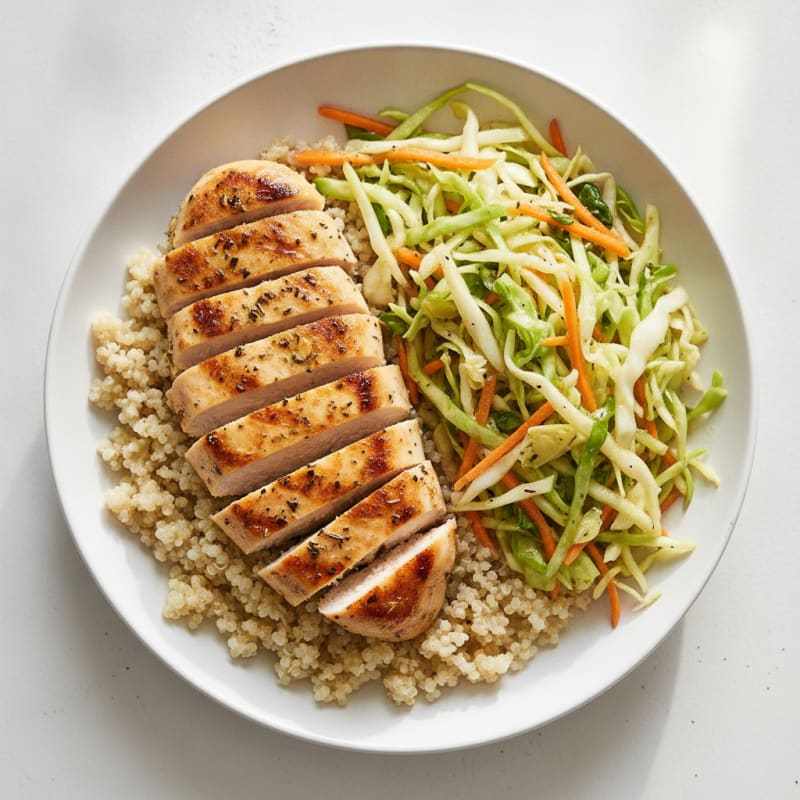Grilled Chicken Breast with Crunchy Cabbage Slaw and Quinoa