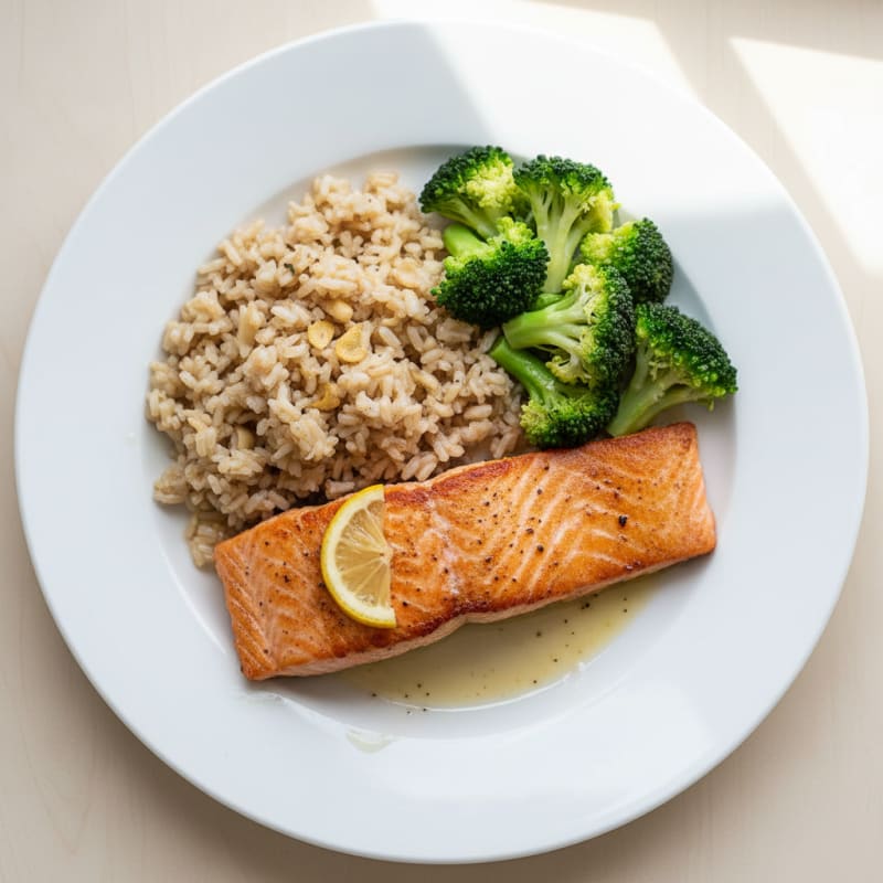 Seared Salmon Fillet with Steamed Broccoli and Garlic Brown Rice