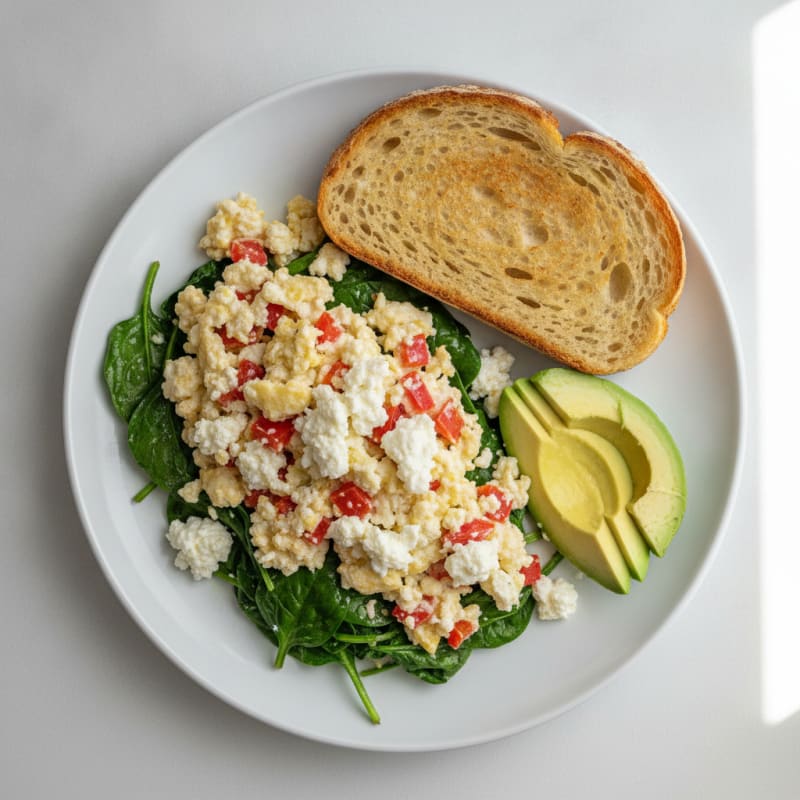 Egg White Veggie Scramble with Cottage Cheese and Sautéed Spinach
