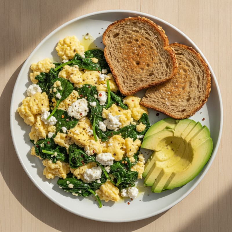Scrambled Eggs with Cottage Cheese and Sautéed Spinach