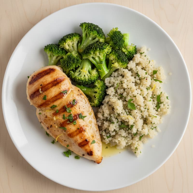 Grilled Chicken Breast with Steamed Broccoli and Quinoa