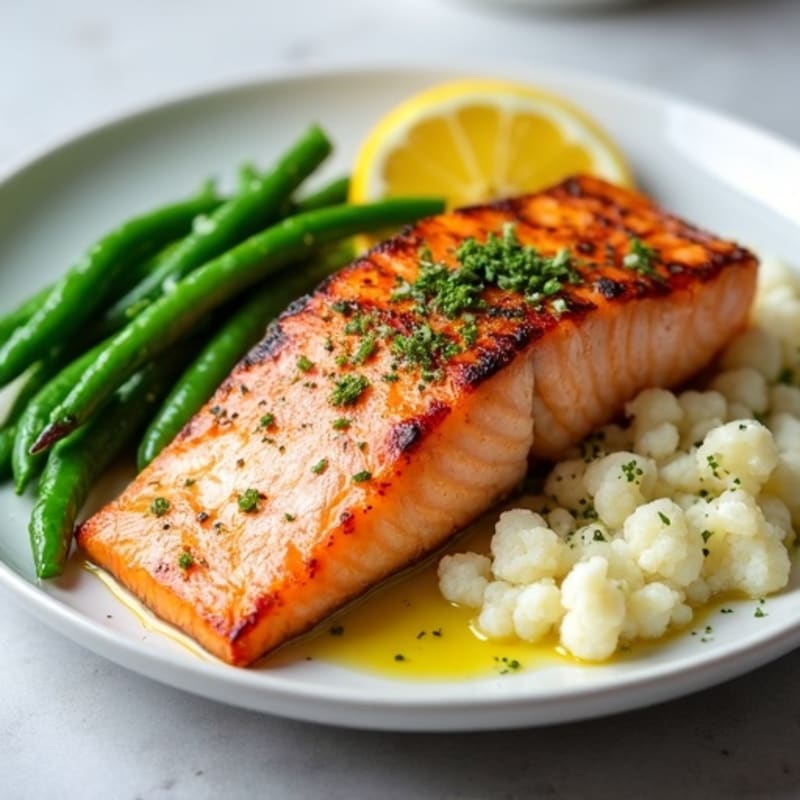 Seared Salmon with Garlic Green Beans and Cauliflower Mash