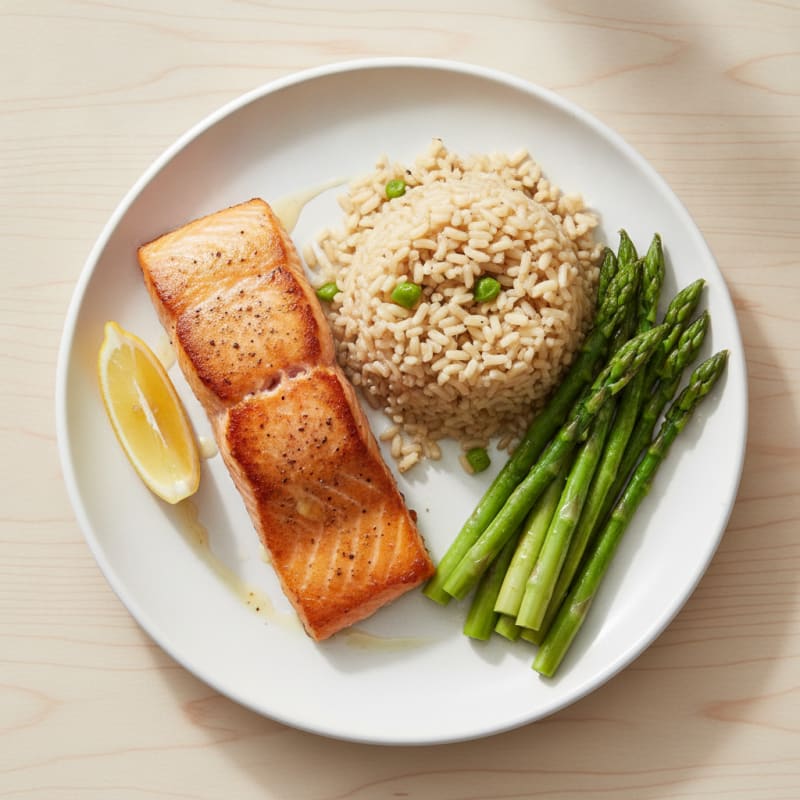 Seared Salmon with Steamed Asparagus and Brown Rice