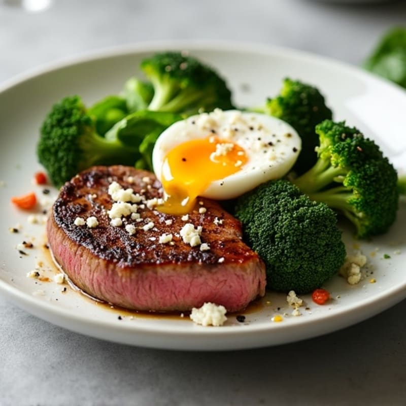 Seared Lean Beef with Roasted Broccoli and Mixed Greens
