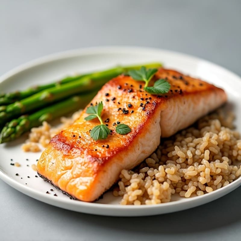 Seared Salmon Fillet with Steamed Asparagus and Brown Rice