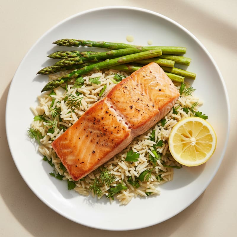 Seared Salmon with Asparagus and Herb-Basmati Rice