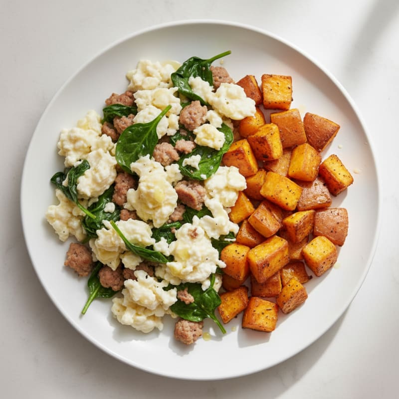 Egg White and Turkey Sausage Scramble with Spinach and Roasted Sweet Potatoes